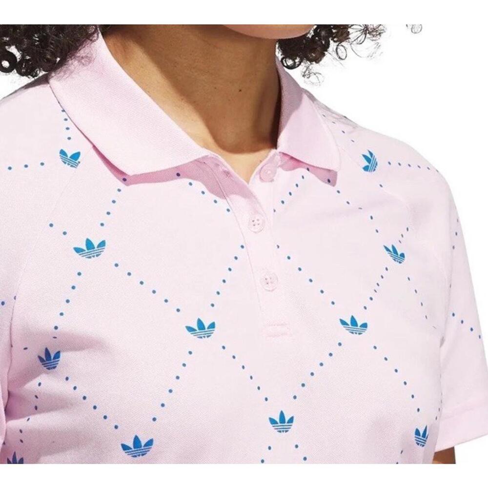 $90 NWT Women's Medium adidas Originals Printed Trefoil Golf Polo Pink Blue - Picture 3 of 8